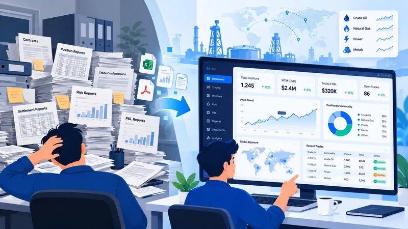 Energy trading dashboards showing position, P&L and risk data